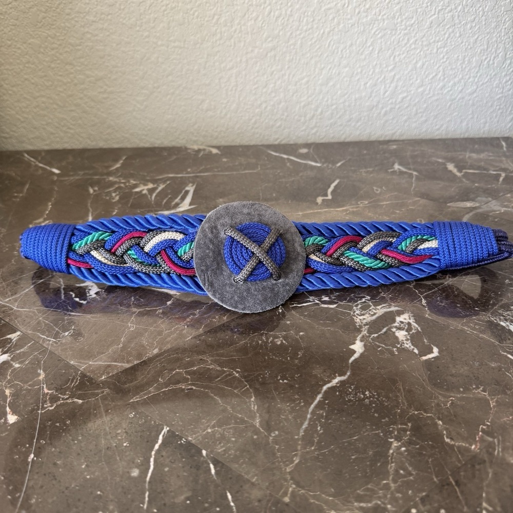 Vtg 1980's Corded Blue Multi Rope Braided Belt Size Small Stretch‎